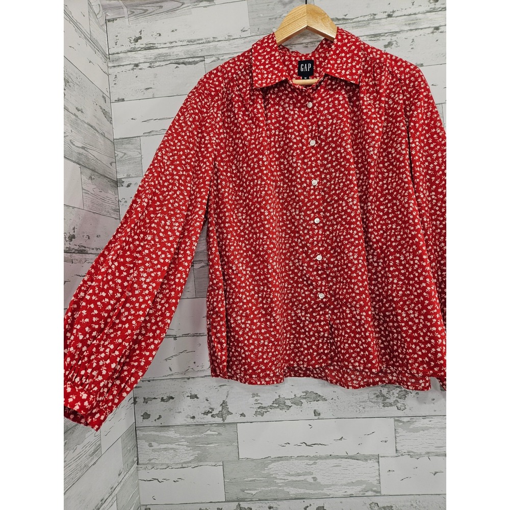 Gap Red Floral Print Long Sleeve Prairie Shirt Cotton Puff Sleeve Blouse M